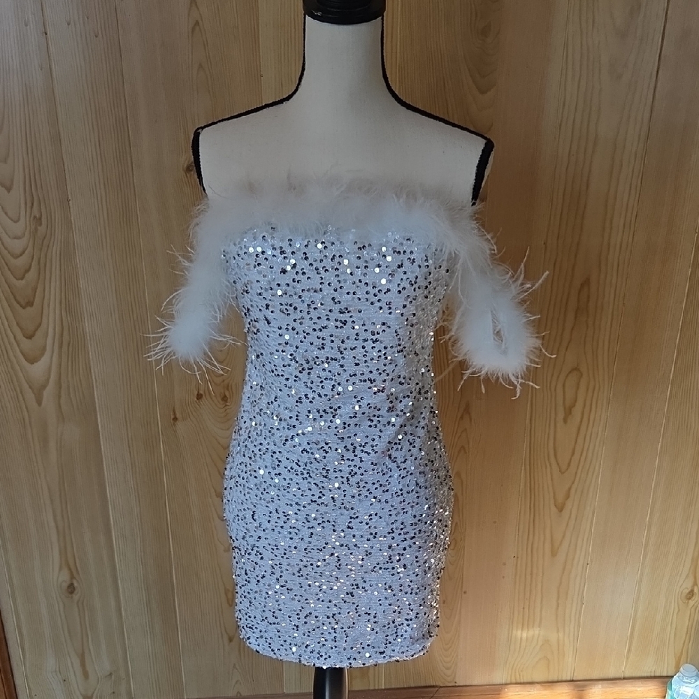 SHEIN Off The Shoulder Sequin White Dress